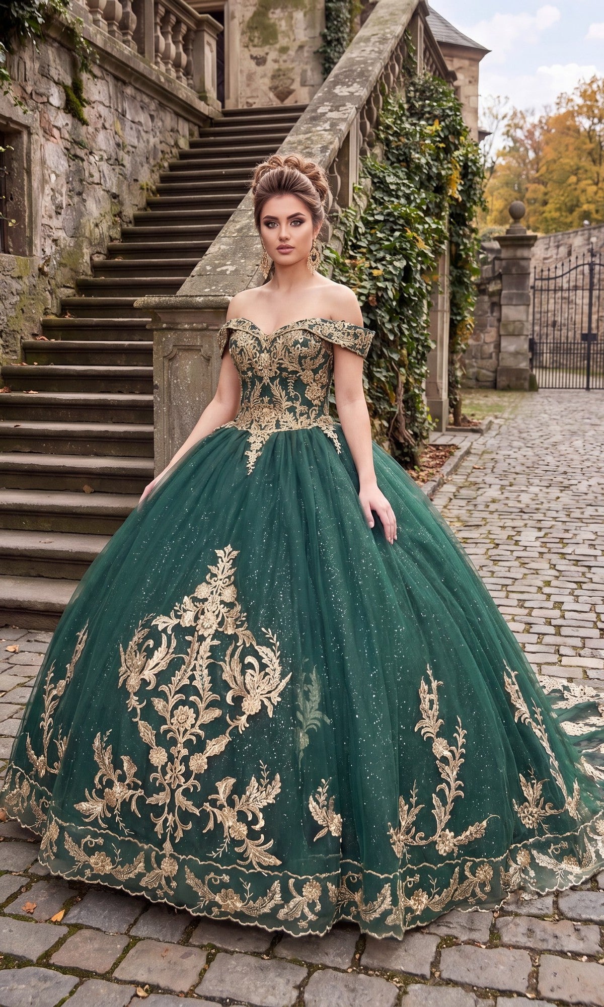 A woman in the Quinceanera Dress CHF3006 By Chicas, featuring green fabric with gold embroidery and an ornate off-the-shoulder design, stands on a cobblestone path near stone stairs and ivy-covered walls.