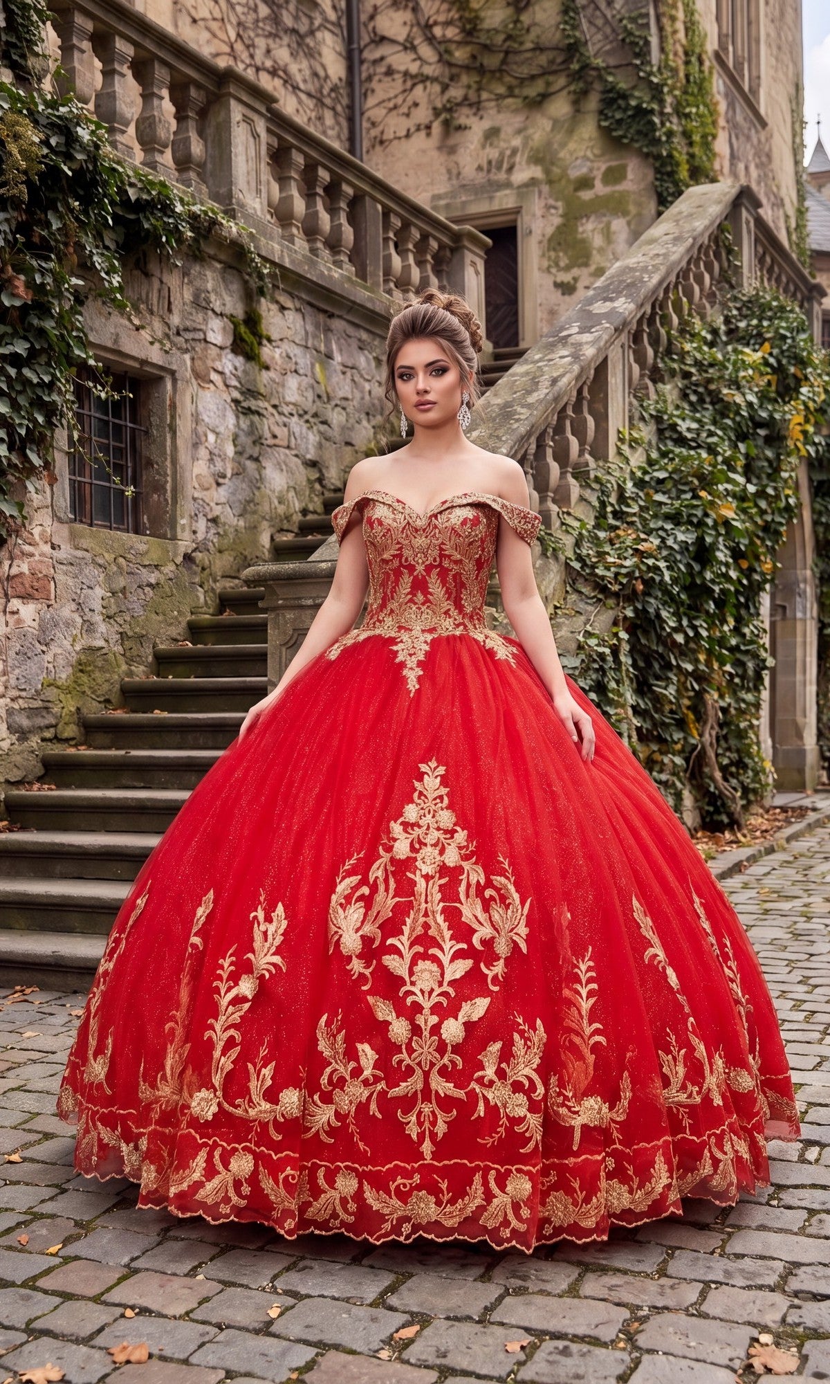 A woman wearing the Quinceanera Dress CHF3006 By Chicas in red and gold stands in front of an old stone staircase and ivy-covered wall outdoors.