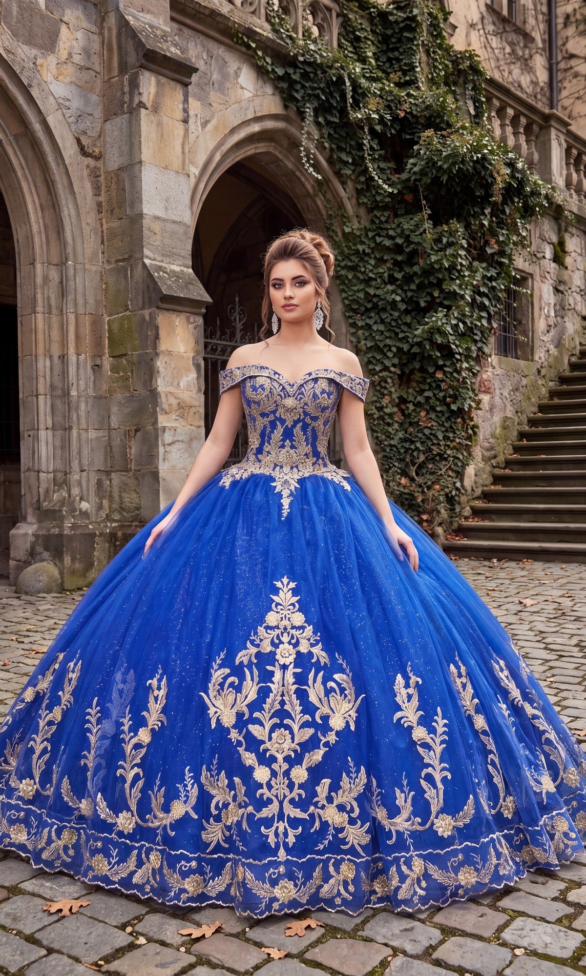 A woman in the Quinceanera Dress CHF3006 By Chicas, a royal and gold glitter tulle ballgown with elegant gold embroidery, stands on a cobblestone path before a stone building draped in ivy and arched doorways.