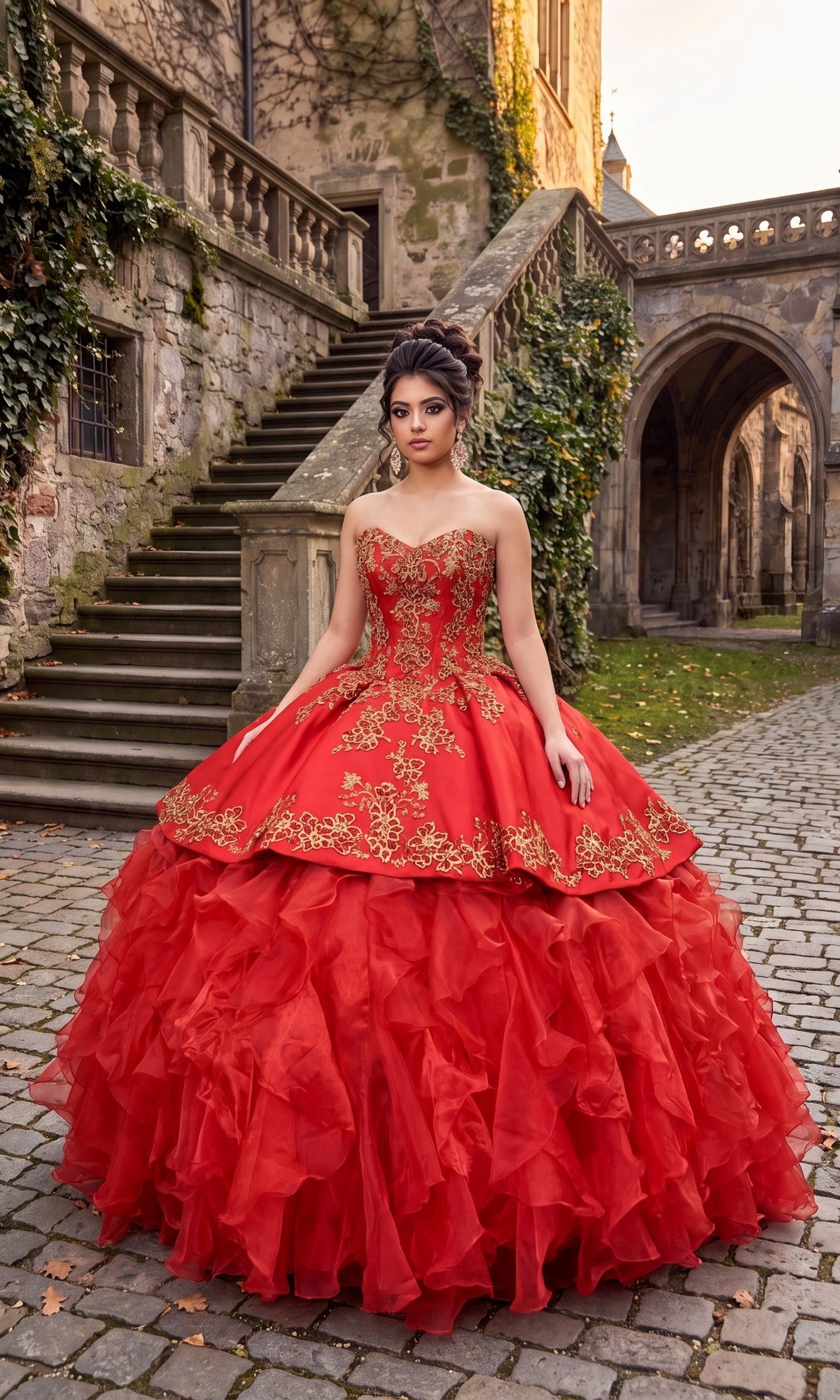 A woman wearing the Quinceanera Dress CHF3009 by Chicas in Red/Gold stands on a cobblestone path near stone stairs and an ivy-covered building. The elegant ensemble features a satin bodice and ruffled organza skirt adorned with gold embroidery.