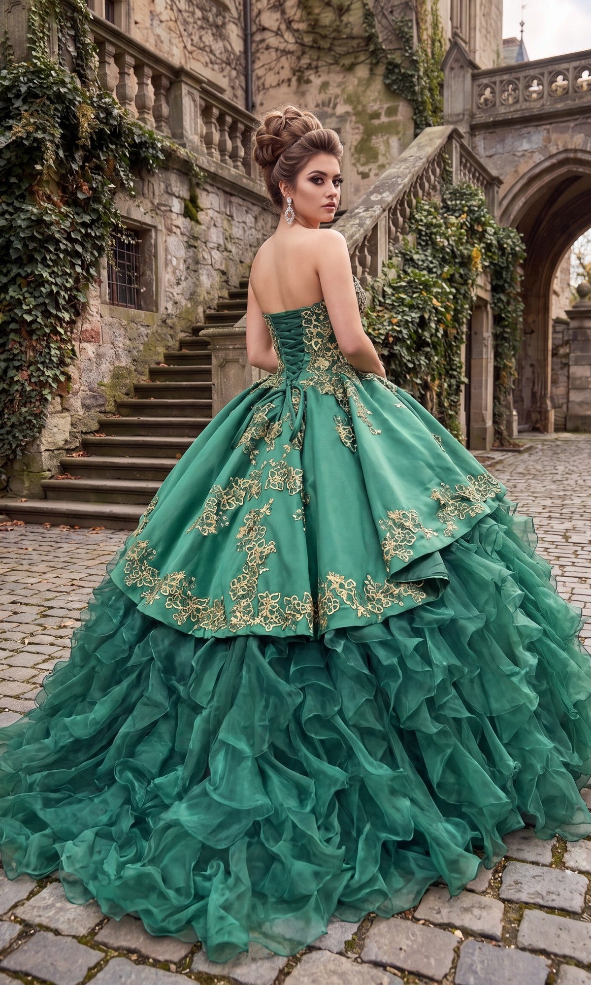A woman wearing the Quinceanera Dress CHF3009 By Chicas, a green strapless gown with gold embroidery, stands on a cobblestone path near stone stairs and ivy-covered walls, glancing over her shoulder. The satin bodice and ruffled organza skirt of her dress catch the soft light, creating an elegant and enchanting silhouette.