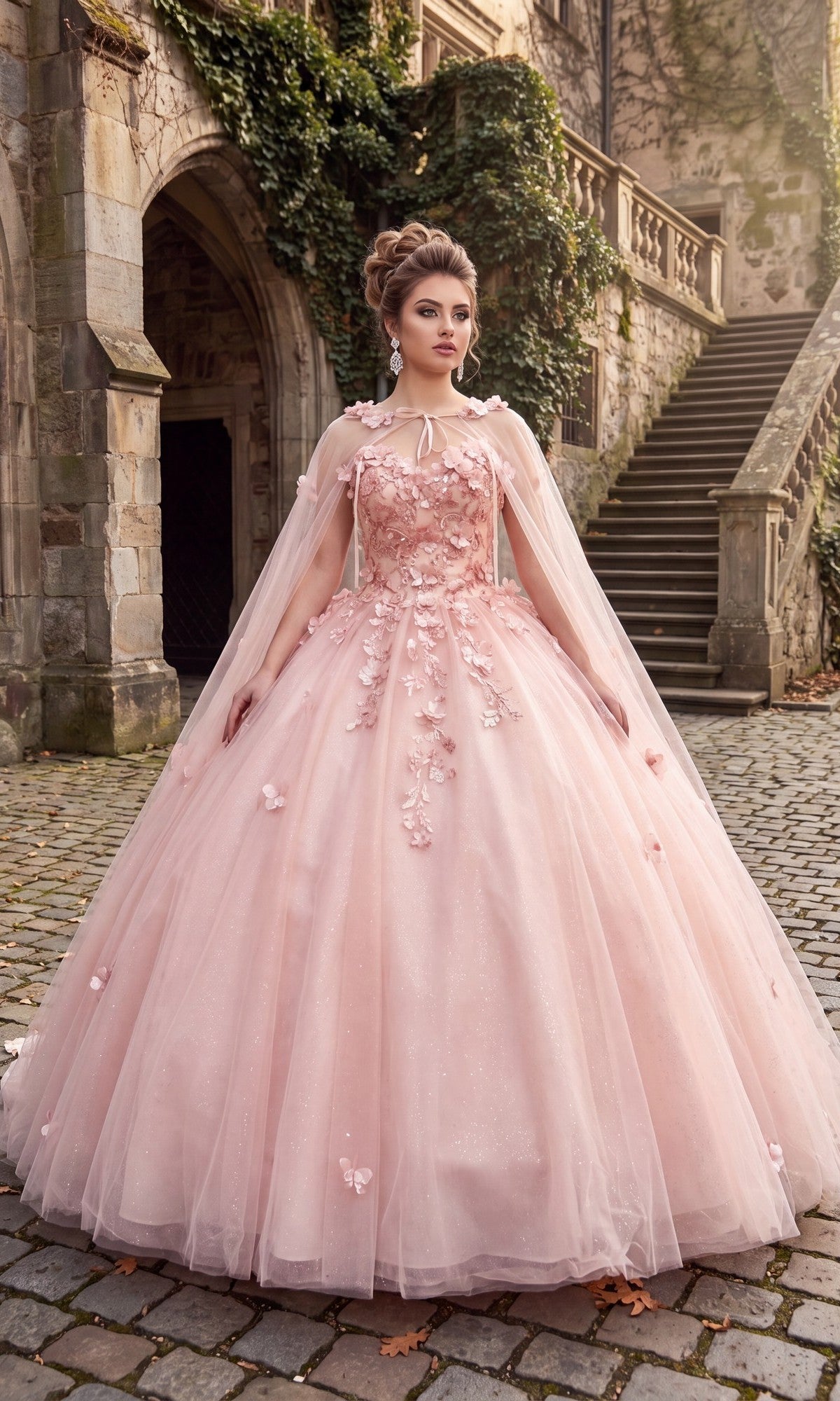 A woman wearing the Quinceanera Dress CHF3012 By Chicas in blush, featuring 3D floral accents and a voluminous ballgown skirt, stands on a cobblestone path in front of a stone building and staircase.
