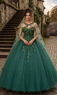A woman stands on a cobblestone path near stone stairs and an old building, wearing the Quinceanera Dress CHF3012 By Chicas in Hunter Green/Gold, featuring ornate 3D floral accents and a sheer cape.