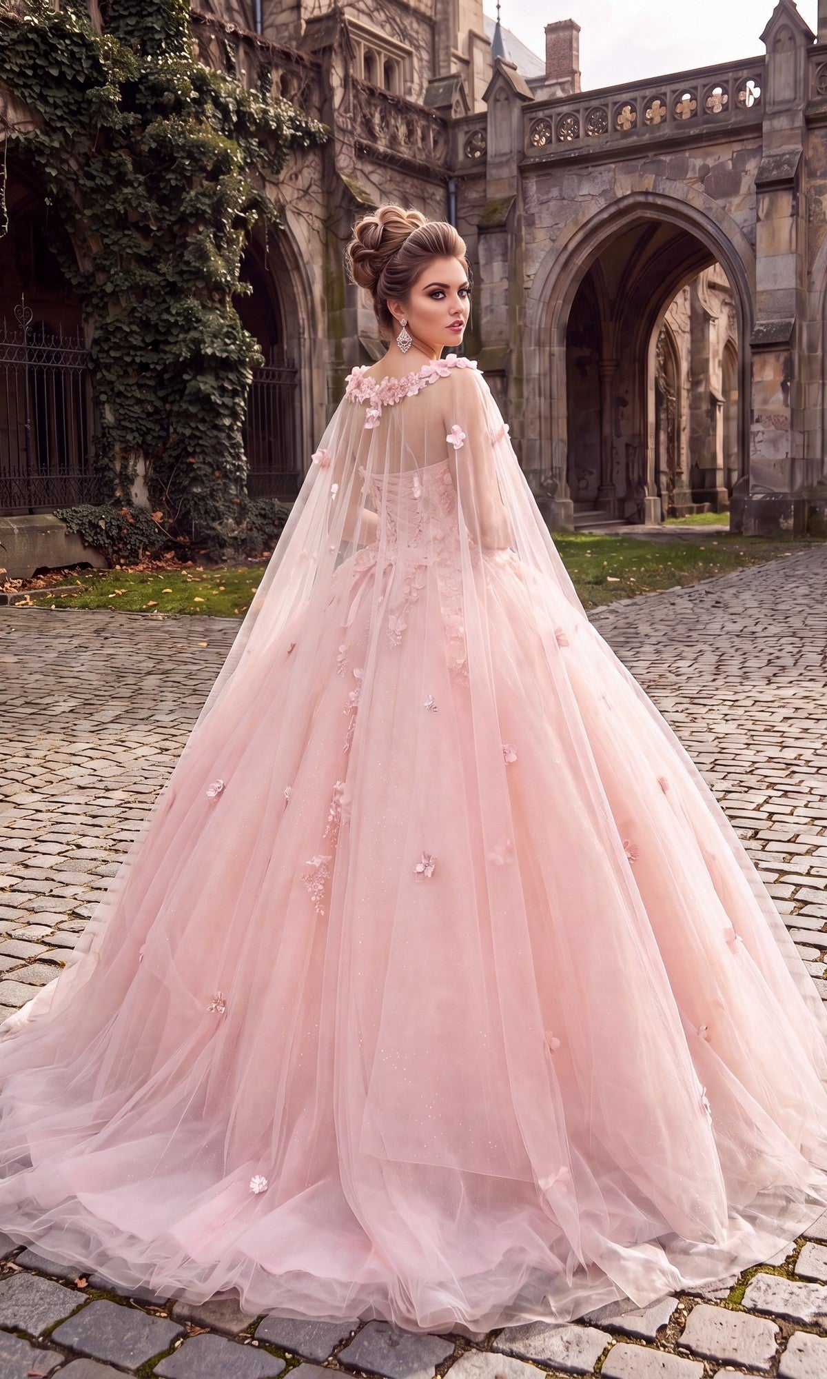 Wearing the Quinceanera Dress CHF3012 By Chicas, a woman stands on a cobblestone path in front of a stone castle or cathedral. The dress features a pink ballgown skirt and is paired with a sheer cape adorned with 3D floral accents.