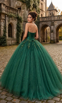 A woman in the Quinceanera Dress CHF3012 By Chicas, an elegant green ballgown skirt, stands on cobblestone in front of an ivy-covered stone building, glancing over her shoulder.