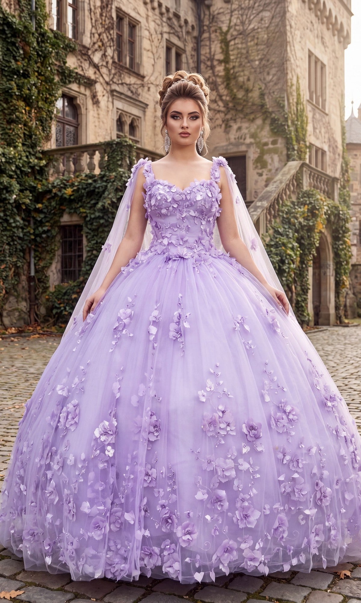A woman in the lilac Quinceanera Dress CHF3018 by Chicas, featuring an off-shoulder design and delicate floral appliqués, stands on a cobblestone path before an old ivy-covered stone building, with the graceful two-piece cape draping elegantly behind her.