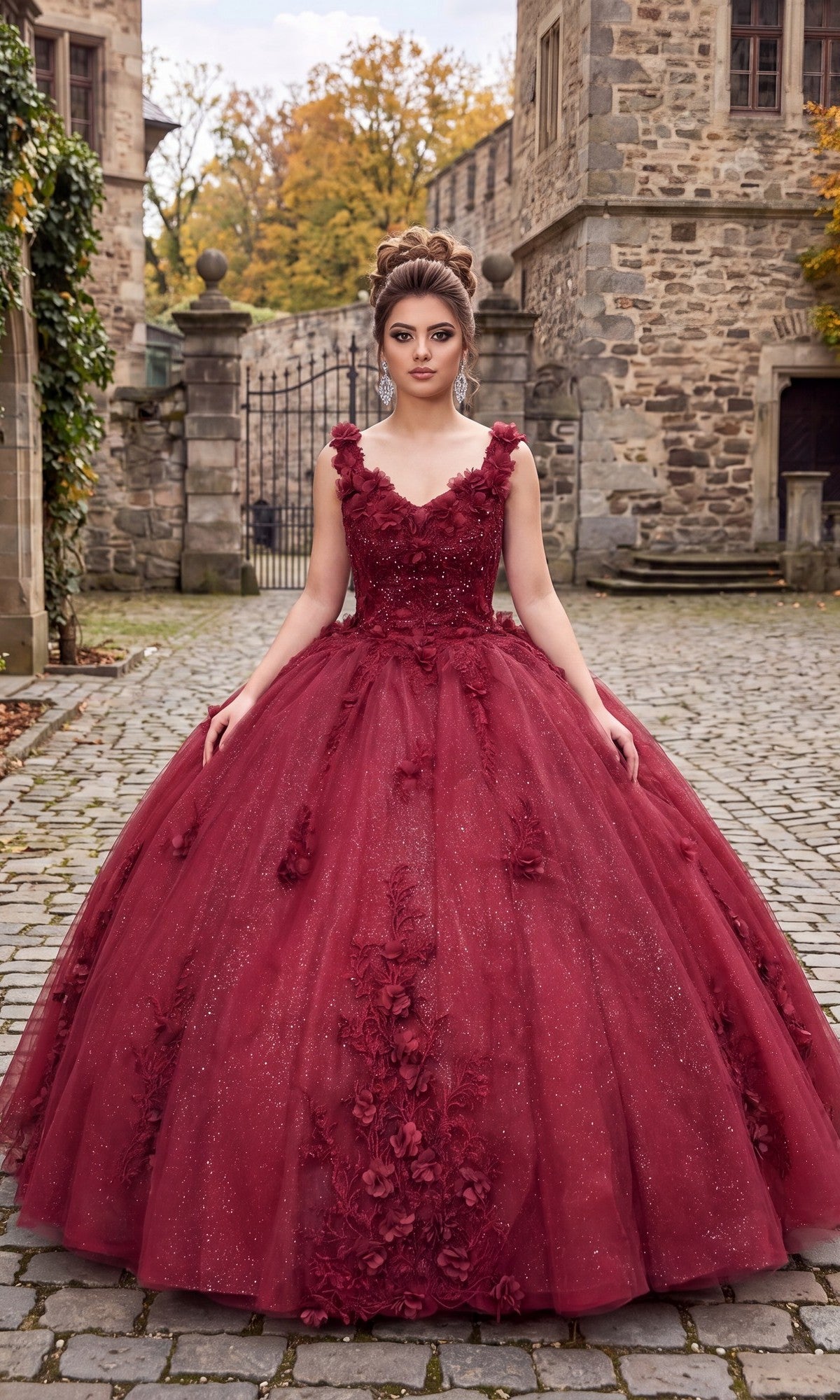 A woman in the Quinceanera Dress CHF3019 by Chicas, a burgundy glitter-tulle ballgown, stands on a cobblestone path outside a stone building with autumn trees in the background.
