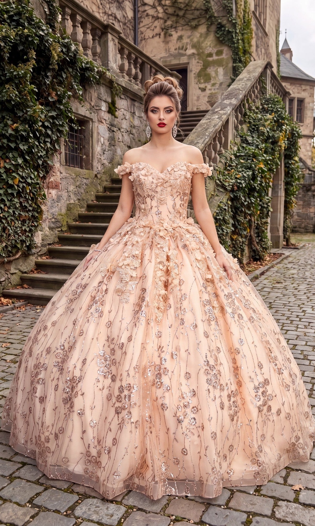 Wearing the Quinceanera Dress CHF3020 By Chicas in blush, a woman stands on a cobblestone path beside ivy-covered stone steps and an old building; her gown features an off-the-shoulder neckline with delicate 3D flower appliqué.