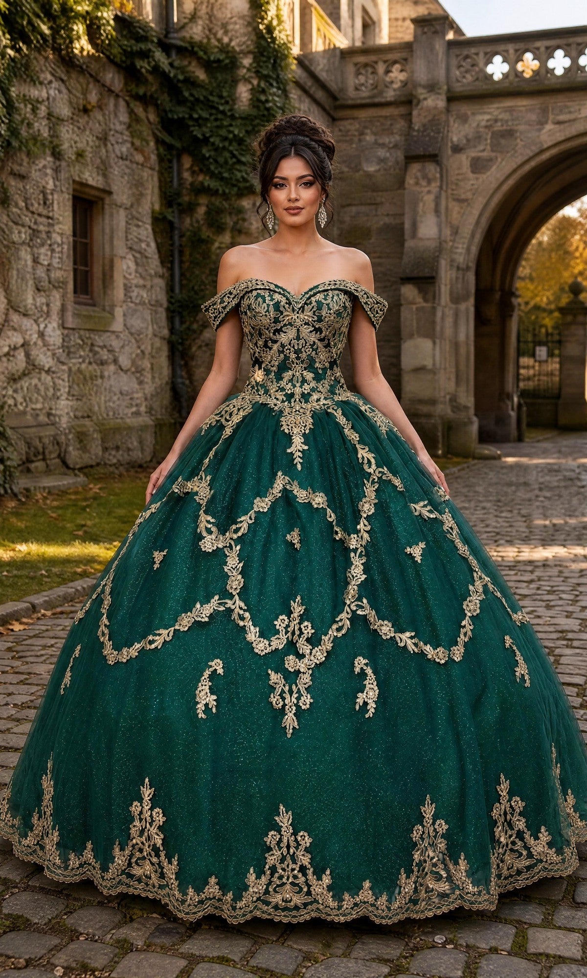 Wearing the Quinceanera Dress CHF3025 By Chicas in green and gold, a woman stands outdoors on a cobblestone path near an ivy-covered old stone building. The ornate ballgown features glittering tulle and off-the-shoulder sleeves.