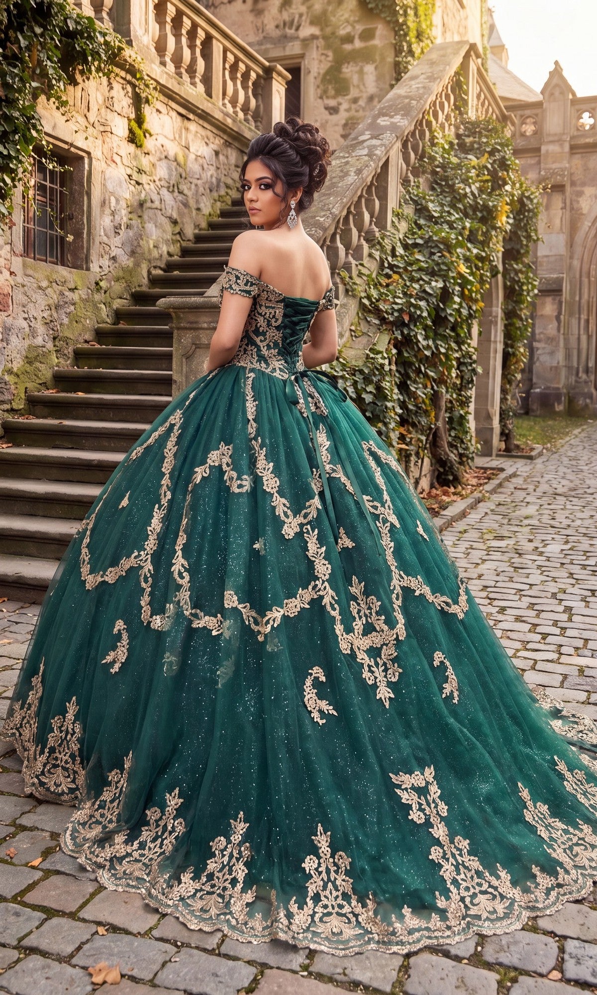A woman wearing the Quinceanera Dress CHF3025 By Chicas, an emerald green off-the-shoulder gown featuring intricate gold embroidery, stands on a cobblestone path near stone stairs and ivy-covered walls, gazing over her shoulder.