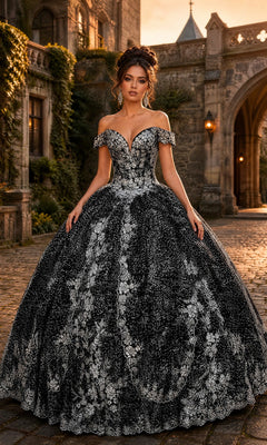 A woman stands outdoors in front of a stone building, wearing the Quinceanera Dress CHF3039 By Chicas in Black/Silver, featuring a dramatic ballgown skirt and intricate silver embroidery forming elegant floral patterns.