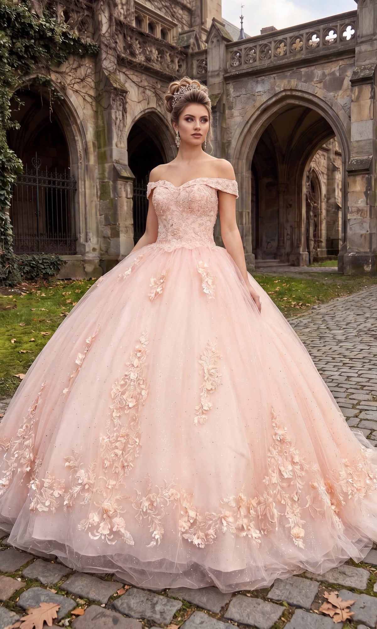 A woman wearing the Quinceanera Dress CHF3041 By Chicas in blush, featuring an off-the-shoulder ballgown skirt with delicate floral appliqués, stands on cobblestones outside a stone gothic-style building.