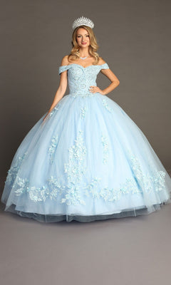 A woman stands against a plain background wearing the Quinceanera Dress CHF3041 by Chicas in sky blue—an off-the-shoulder ballgown skirt adorned with delicate floral details and completed with a tiara.