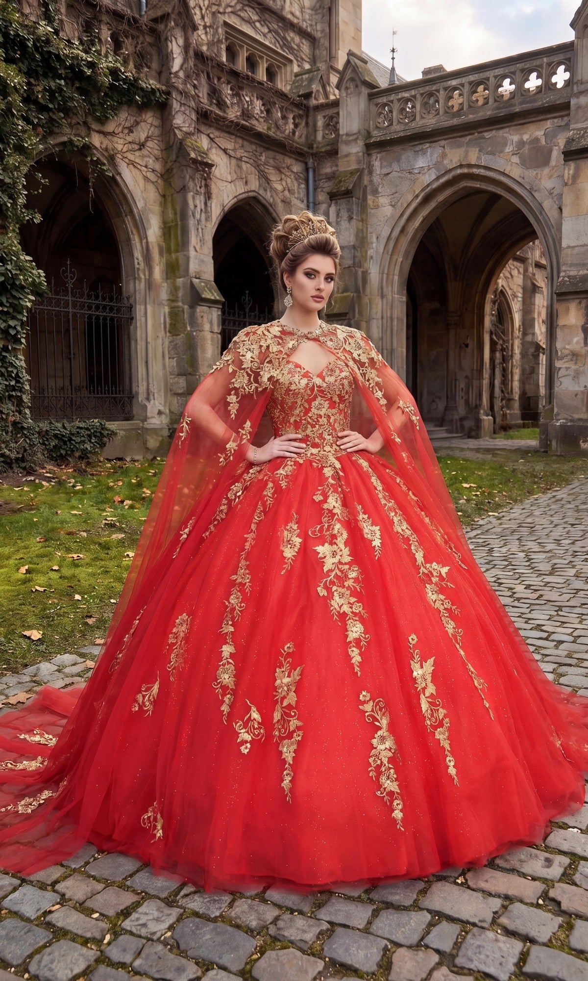 Wearing the Quinceanera Dress CHF3042 By Chicas in dazzling Red/Gold, a woman stands on cobblestone outside a historic stone building adorned with arches and ivy, her ballgown skirt elegantly fanned around her.