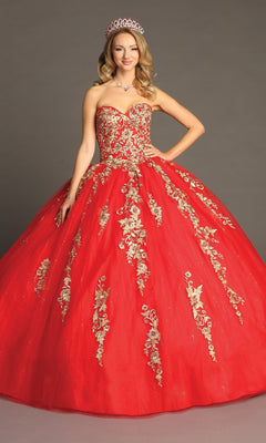 A woman stands against a plain backdrop wearing the Quinceanera Dress CHF3042 by Chicas, a strapless red and gold ballgown skirt adorned with exquisite floral embroidery. Paired with a tiara and necklace, this stunning dress exudes elegance and grace.