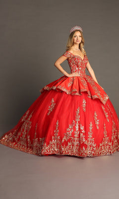 A woman models the Quinceanera Dress CHF3052 By Chicas—a stunning red gown with gold embroidery—paired with a matching tiara, posing against a plain gray background with her hands on her hips and looking at the camera.