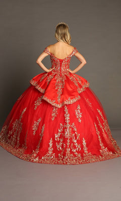 A woman stands with her back to the camera, hands on hips, wearing a gold tiara and showcasing the Quinceanera Dress CHF3052 By Chicas—a vibrant red gown adorned with gold embroidery—set against a plain studio background.