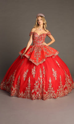 A woman wearing the Quinceanera Dress CHF3052 By Chicas in Red/Gold with gold embroidery and a tiara, standing against a plain gray background.