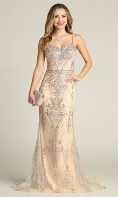 Woman wearing the Lace-Up Long Glitter Prom Dress: Chicas CHF3053—an elegant, floor-length gown with nude and silver sequins and spaghetti straps—holding a clutch and smiling at the camera against a plain background.