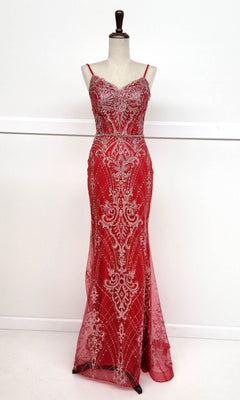 The Lace-Up Long Glitter Prom Dress (Chicas CHF3053) features red sequins with silver detailing, thin straps, and a fitted silhouette, displayed on a dress form against a plain white background.