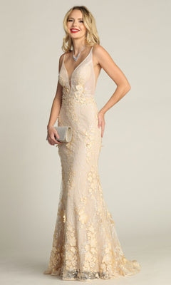 A woman wearing the Chicas CHF3058 Floral-Lace Long Prom Dress holds a silver clutch and stands against a plain background.