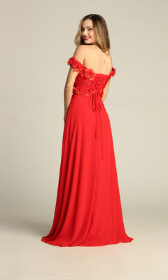 A woman smiles over her shoulder while wearing the Off-Shoulder Long A-Line Prom Dress: Chicas CHF3059, a floor-length red gown with floral embellishments.