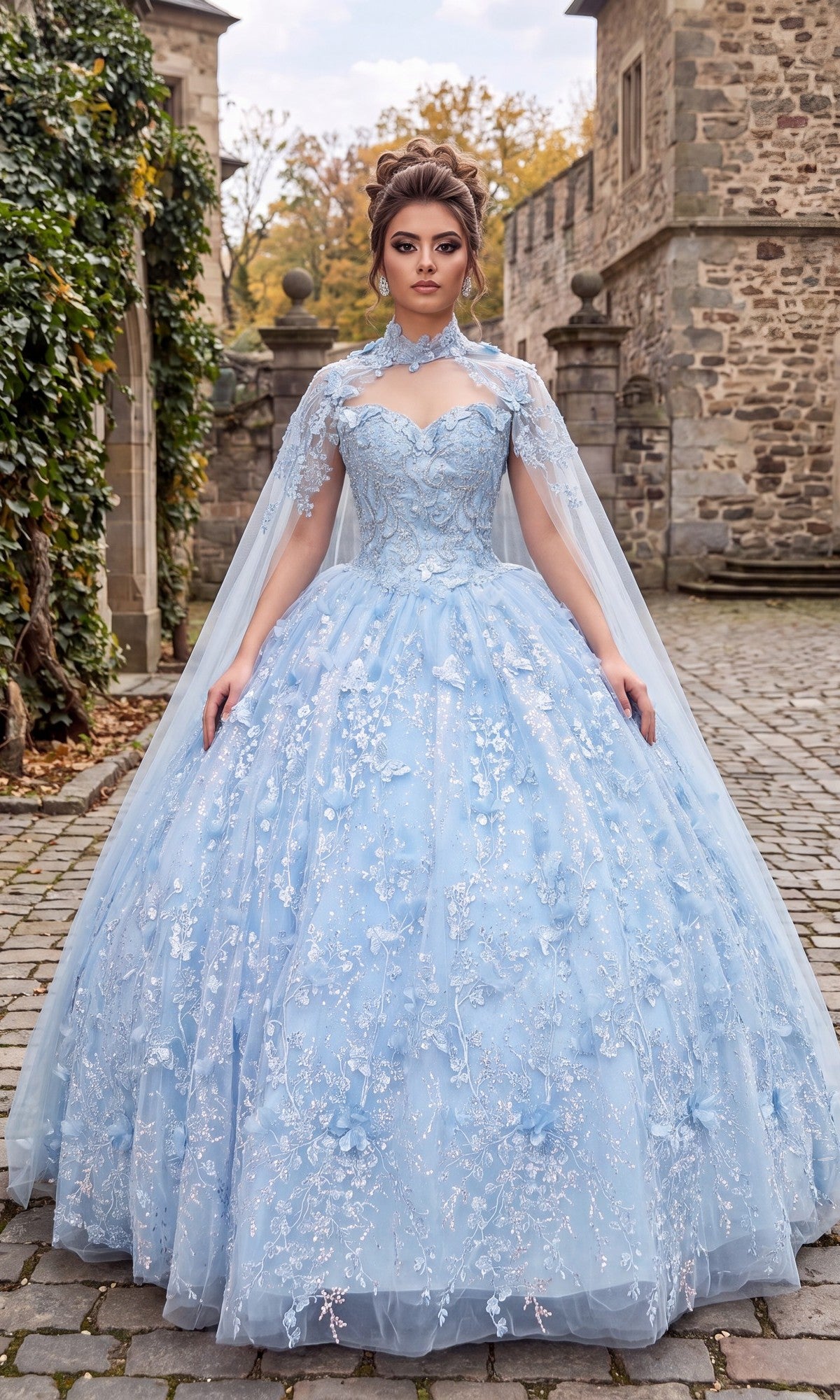 A woman stands on a cobblestone path in front of stone buildings and greenery, wearing the Quinceanera Dress CHF3067 By Chicas in baby blue, featuring an ornate design with a glitter tulle skirt, floral details, and a matching cape.