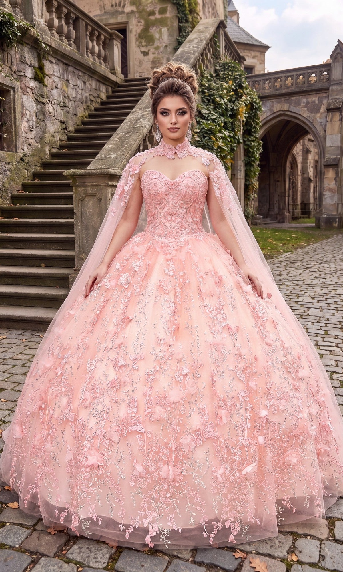 A woman stands outdoors in front of stone steps, wearing the Quinceanera Dress CHF3067 By Chicas in blush, which features an ornate 3D floral-embroidered corset and a sheer cape.