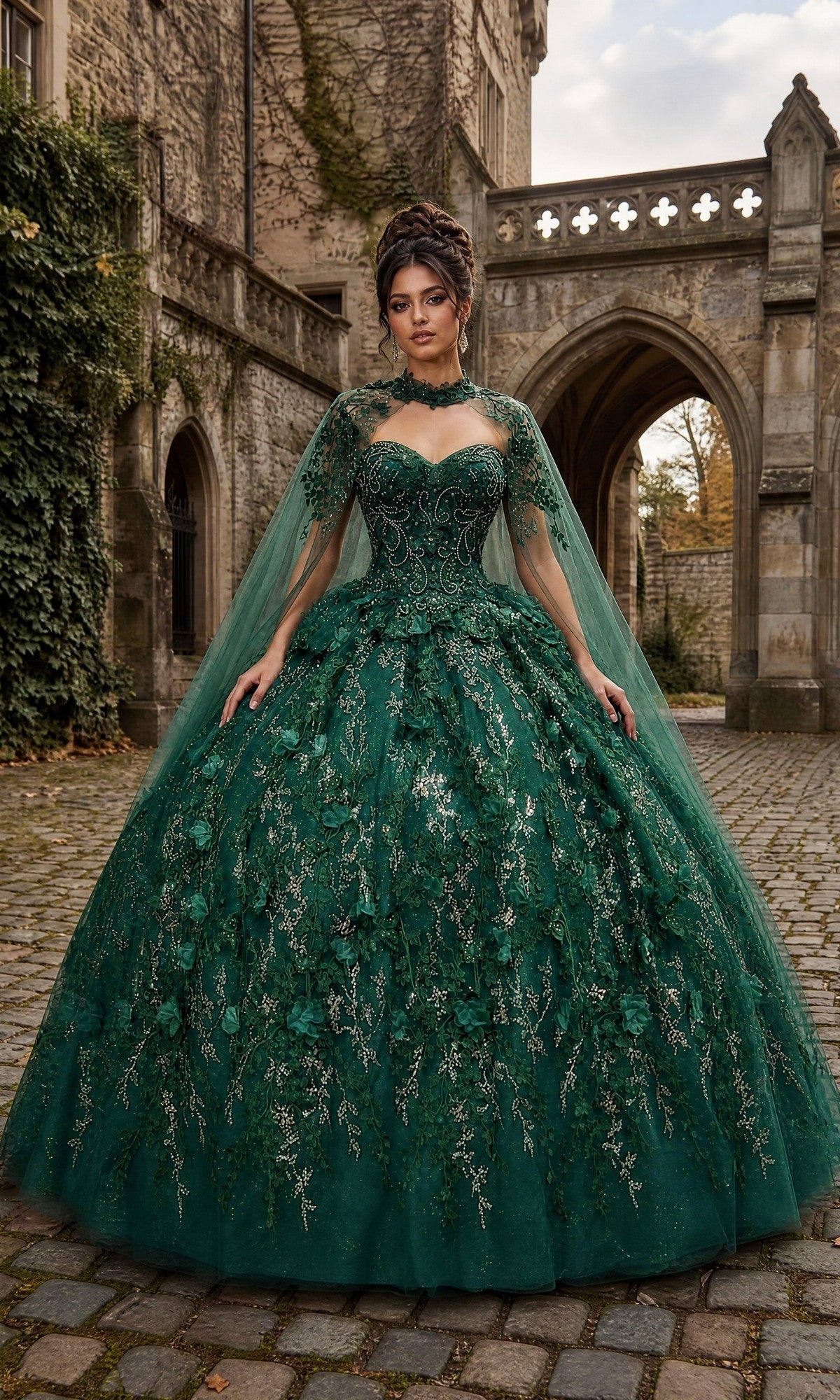 A woman stands on cobblestone in front of a stone building, wearing the green Quinceanera Dress CHF3067 by Chicas, featuring an ornate 3D floral-embroidered corset and a matching cape.
