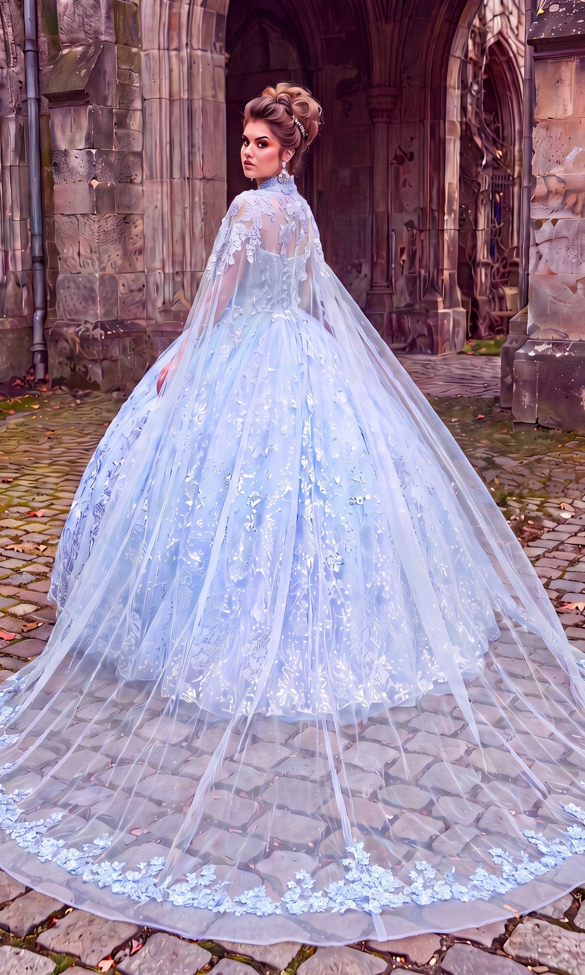 A woman wearing the Quinceanera Dress CHF3067 By Chicas—a light blue, ornate ball gown featuring a glitter tulle skirt and a long, sheer cape—stands on cobblestones in front of a stone archway, looking over her shoulder.