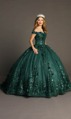 A woman wearing a jeweled crown and the Quinceanera Dress CHF3069 By Chicas—an off-the-shoulder, dark green gown embellished with 3D floral appliques—stands against a plain background.