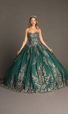 A woman poses gracefully against a plain gray background wearing the Quinceanera Dress CHF3073 by Chicas—a strapless dark green ball gown featuring a glitter-tulle skirt and intricate metallic-silver embroidery—accessorized with a necklace and tiara.