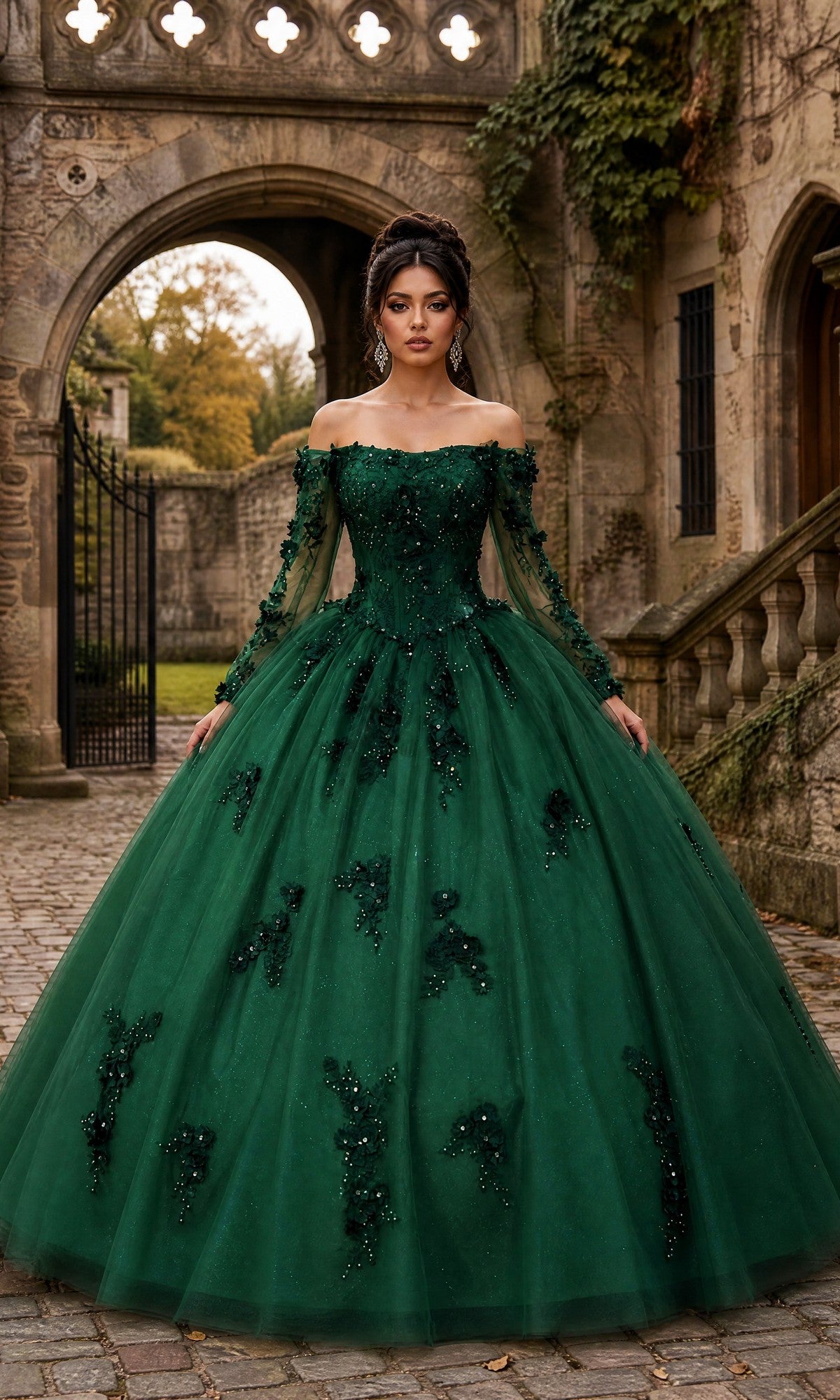 A woman in the Quinceanera Dress CHF3076 By Chicas, a green, off-the-shoulder ballgown with delicate floral embellishments, stands on a cobblestone path near an old stone building.