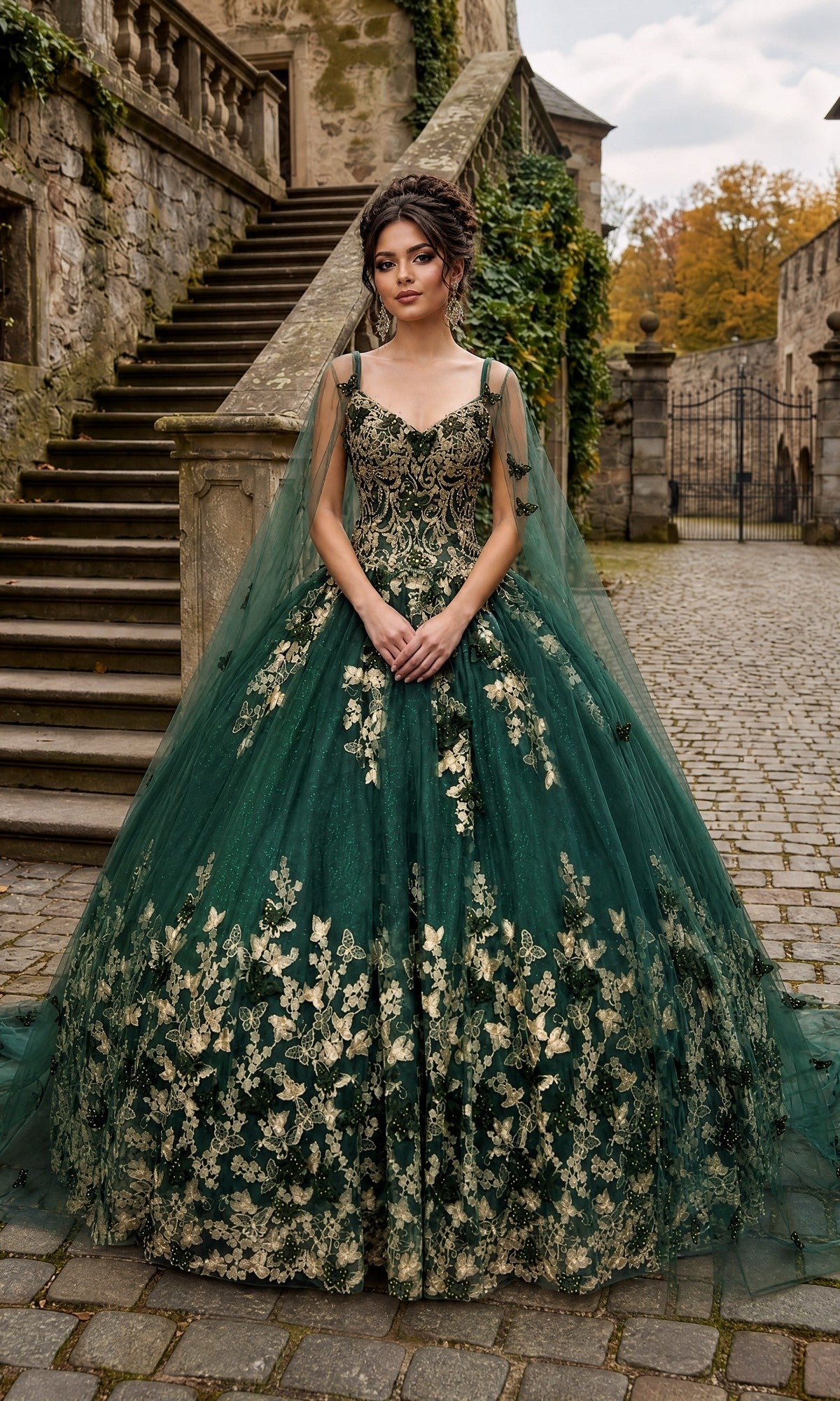 A woman wearing the Quinceanera Dress CHF3077 by Chicas—a green glitter tulle ballgown adorned with gold floral embroidery—stands on a cobblestone path near stone stairs and historic stone buildings.