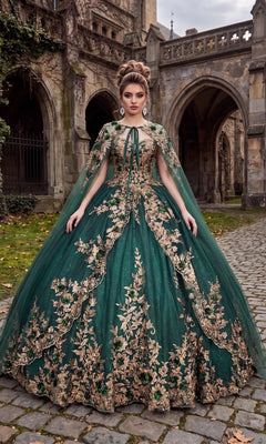 A woman wearing the Quinceanera Dress CHF3080 By Chicas in green and gold stands on a cobblestone path before a gothic stone building with arches.