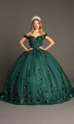 A woman in the Quinceanera Dress CHF3082 By Chicas—featuring a dark green hue, off-shoulder sleeves, 3D floral appliques, and a crown—stands against a plain background. The glitter tulle ballgown adds an enchanting touch to her regal look.