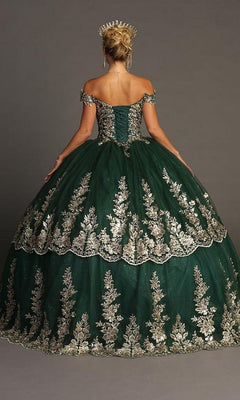 A woman is shown from the back against a plain background, wearing the Quinceanera Dress CHF3083 By Chicas—an emerald green ballgown adorned with gold embroidery and a crown. The luxurious skirt is crafted with layers of glitter tulle, adding sparkling elegance to this regal design.