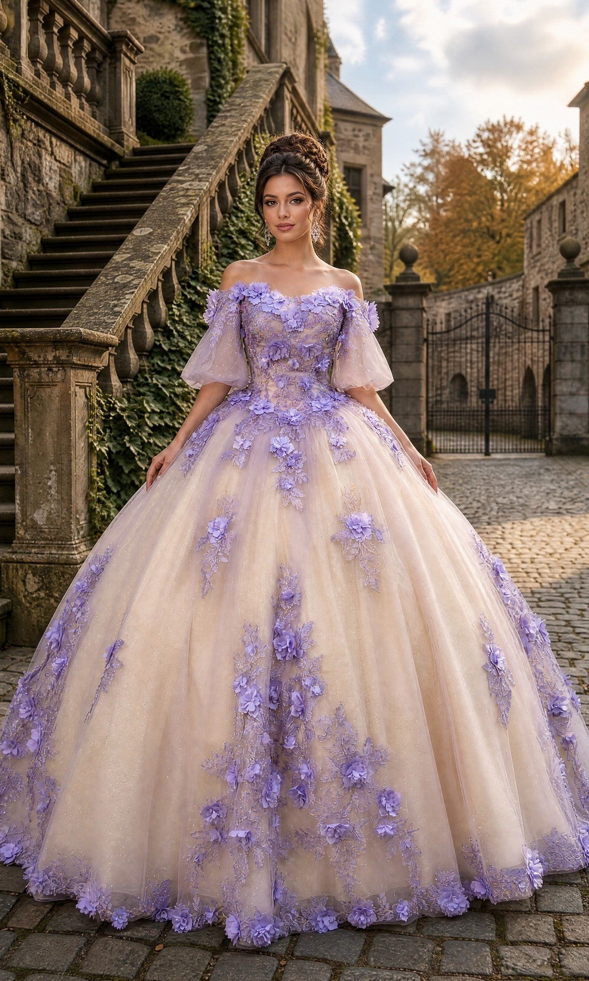 A woman wearing the Quinceanera Dress CHF3087 By Chicas in a lilac and nude color, adorned with intricate purple 3D floral appliques, stands on a cobblestone path near stone stairs and ivy-covered buildings.