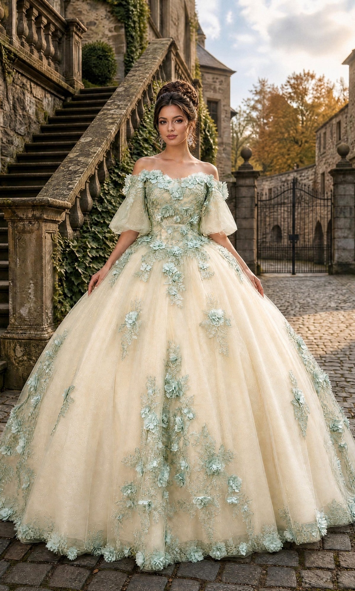 A woman in a sage and nude Quinceanera Dress CHF3087 by Chicas, adorned with delicate 3D floral appliques, stands on a cobblestone path outside a stone building, with stairs and autumn trees in the background.