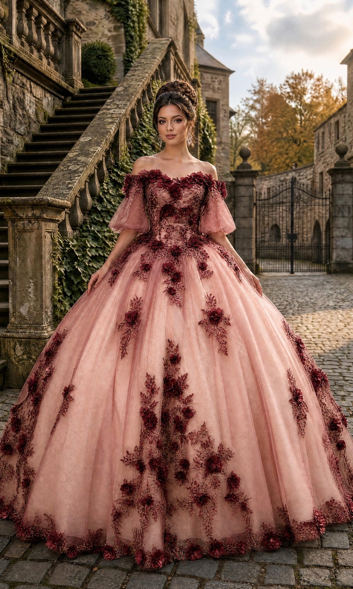 A woman stands on a cobblestone path in front of a historic stone building and staircase, wearing the Quinceanera Dress CHF3087 By Chicas in Wine/Nude, featuring ornate 3D floral appliques.