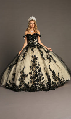 Woman wearing the Quinceanera Dress CHF3088 By Chicas in black/nude, an off-the-shoulder tulle ballgown featuring black floral appliqué and a full skirt, accessorized with a tiara and standing against a plain background.