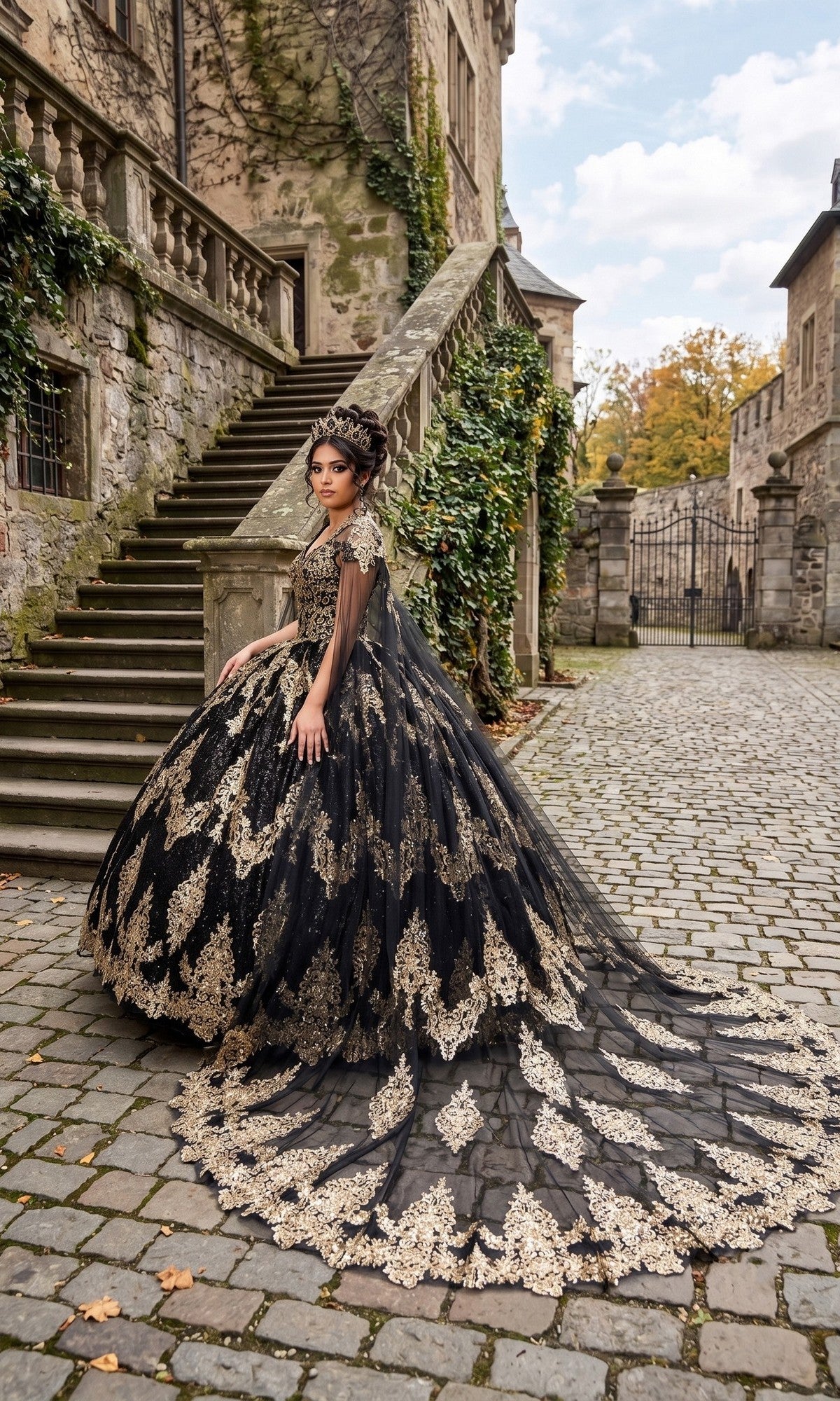 A woman wearing the Quinceanera Dress CHF3090 by Chicas, an ornate black and gold ball gown adorned with delicate gold embroidery, stands on a cobblestone path beside an old stone staircase and an ivy-covered building.