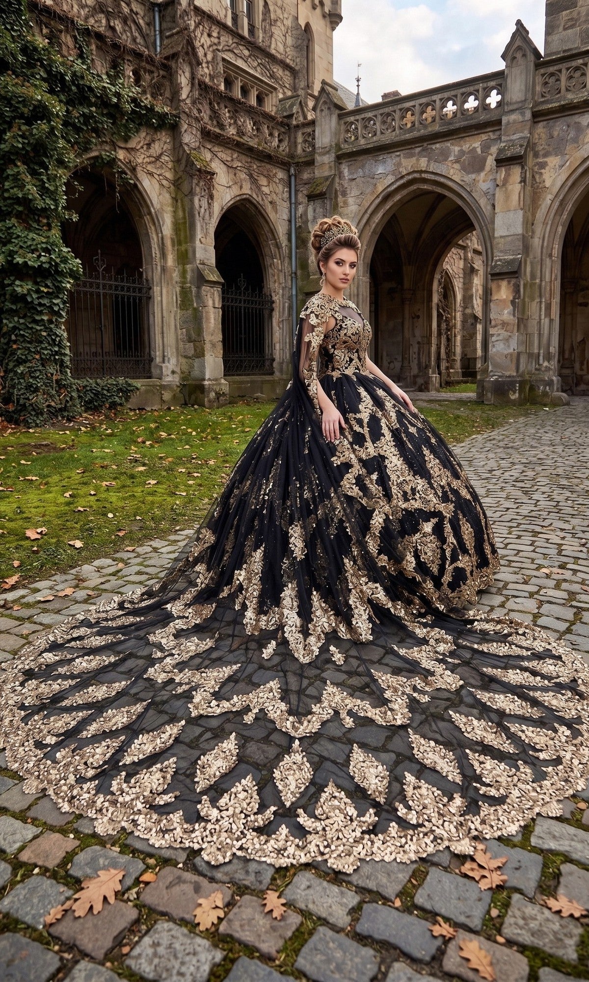 A woman stands in a cobblestone courtyard near an old stone building, wearing the Quinceanera Dress CHF3090 By Chicas—an elaborate black and gold gown featuring a long, ornate train adorned with intricate gold embroidery.