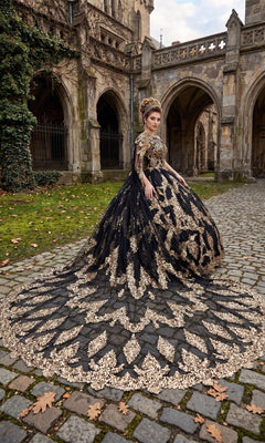 A woman stands in a cobblestone courtyard near an old stone building, wearing the Quinceanera Dress CHF3090 By Chicas—an elaborate black and gold gown featuring a long, ornate train adorned with intricate gold embroidery.