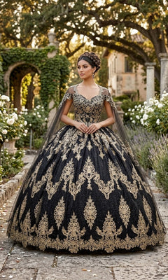 A woman stands outdoors on a stone path, surrounded by greenery, white flowers, and stone columns, wearing the Quinceanera Dress CHF3090 By Chicas in Black/Gold. The gown features delicate gold embroidery and glitter tulle that catch the light beautifully.
