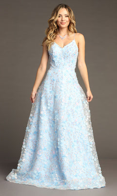 A woman stands in front of a plain background wearing the Chicas CHF3092, a long light blue prom dress with spaghetti straps and delicate 3-D floral details.