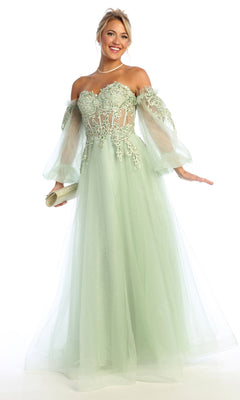 A woman wearing the Chicas CHF3093 long sleeve a-line prom dress in light green with sheer sleeves, floral lace, and an embroidered corset holds a gold clutch against a white background.