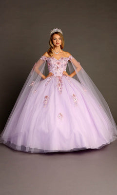 A woman stands against a plain background wearing the Quinceanera Dress CHF3095 by Chicas—a lilac ballgown adorned with floral appliques and featuring delicate tulle sleeves—paired with a tiara.