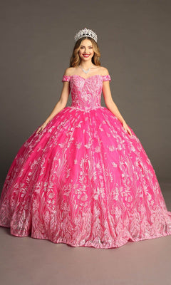 A woman wearing a sparkling silver tiara and the Quinceanera Dress CHF3100 By Chicas in vibrant fuchsia, featuring an off-the-shoulder design with white floral patterns, stands against a plain background.