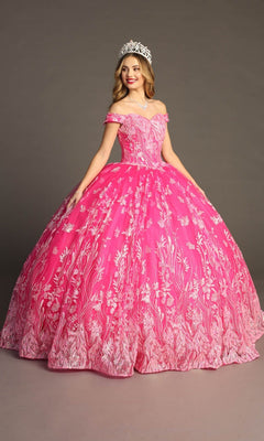 Wearing a sparkling tiara, a woman poses against a plain background in the Quinceanera Dress CHF3100 By Chicas—an off-the-shoulder, bright pink gown adorned with elegant white floral patterns.